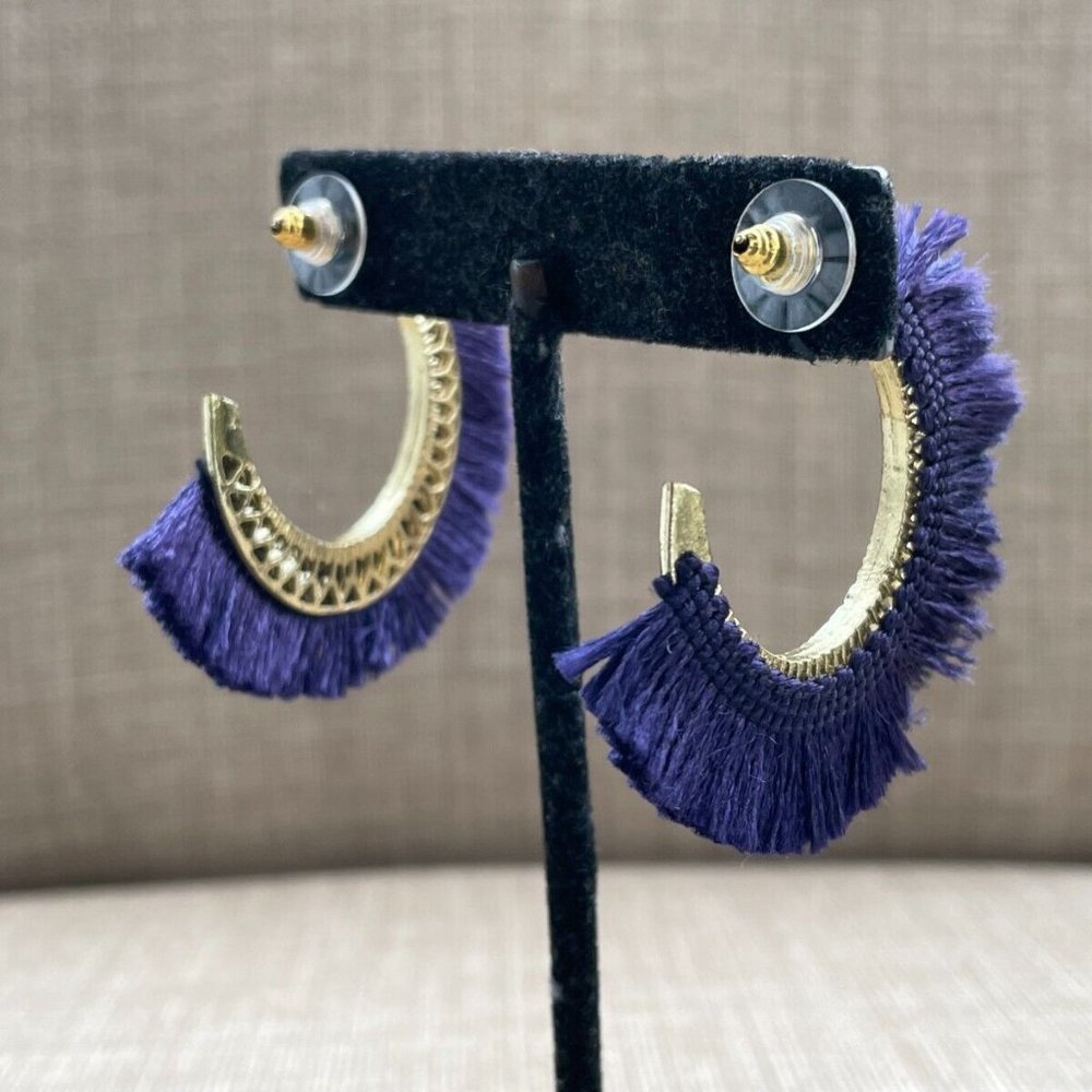 AREA Jewelry Earrings Gold Tone hoops Post Purple Fringe Fabric - Picture 1 of 12
